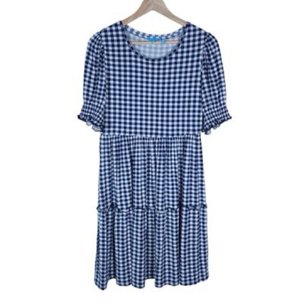 Draper James Blue and White Midi Puff Sleeve Dress